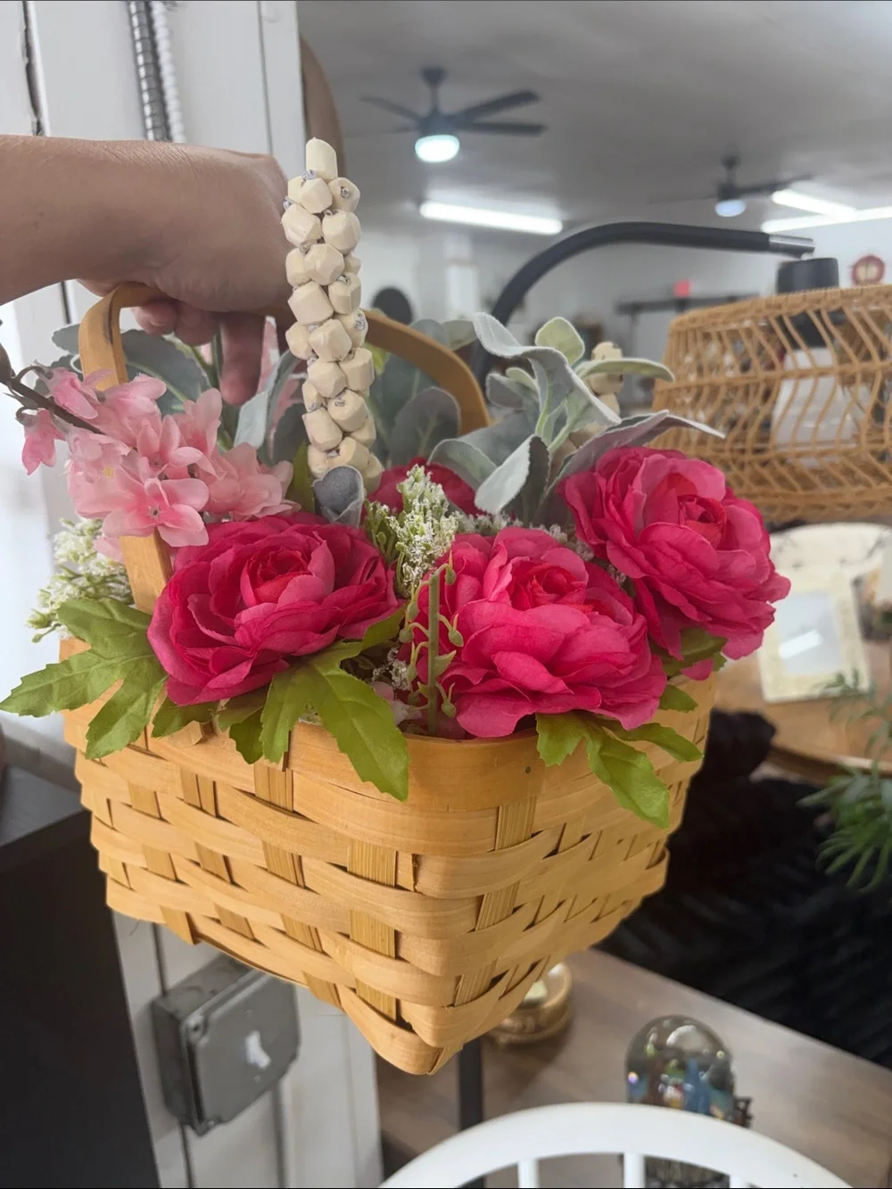 Hot Pink Rose Basket Arrangement - Faux Floral Accent